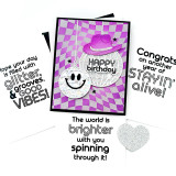Handmade greeting card with disco balls on it with one having a cowgirl hat on it with happy birthday sentiment and Insider Panels - Disco Vibes spread out in the background.