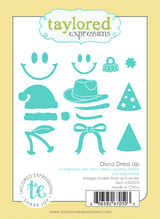 Graphic of Disco Dress Up steel die set that includes accessories for a disco ball such as a cowgirl hat, smiley face, santa hat, bow, and cherry stems for papercrafting.