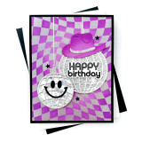 Handmade greeting card with disco balls on it with one having a cowgirl hat on with happy birthday sentiment on it.