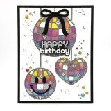 Handmade greeting card with disco balls on it with one having a bow on it with happy birthday sentiment on it. Handmade greeting card with disco balls on it with one having a bow on it with happy birthday sentiment on it.