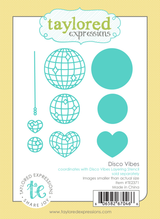 Graphic of Disco Vibes dies that cut out three large disco balls, one being heart shaped, and the other two being smaller for disco themed cardmaking.