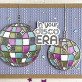 Handmade greeting card with two disco balls on it and in your disco era sentiment on it. Handmade greeting card with two disco balls on it and in your disco era sentiment on it.