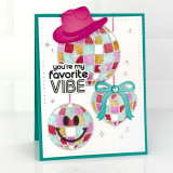 Handmade greeting card with disco balls on it with on wearing a cowgirl hat and one with a bow on it with you're my favorite vibe sentiment on it. Handmade greeting card with disco balls on it with on wearing a cowgirl hat and one with a bow on it with you're my favorite vibe sentiment on it.
