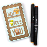 Handmade greeting card with creatures on it and hey love you sentiment on it.