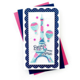 Handmade greeting card with Eiffel tower on it with bonjour and mon amie sentiments on it.
