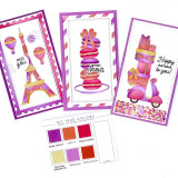 Three handmade greeting cards, one with Eiffel tower on it, one with macarons, and one with a scooter and presents on it with various sentiments on them.