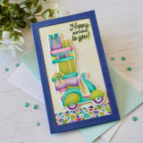 Handmade greeting card with scooter with presents on it with happy birthday to you sentiment on it.