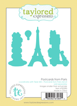 Graphic of Postcards from Paris steel die which cuts out stack of macarons, the Eiffel Tower, a ballon, and scooter with presents on it for papercrafting.