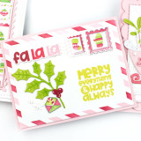 Handmade greeting card with leaf on it and fa la la sentiment on it and merry everything and happy always sentiment on it.
