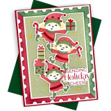 Handmade greeting card with Christmas elves on it and sending holiday cheer sentiment on it.