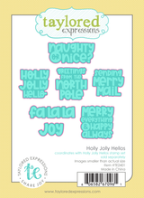 Graphic of Holly Jolly Hellos steel die set that cuts out holiday sentiments.