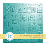 Graphic of Postmarked - North Pole 6x6 Embossing Folder which creates Christmas postage for papercrafting.