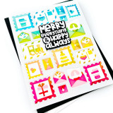 Handmade greeting card with Christmas postage stamps on it with merry everything and happy always sentiment on it.