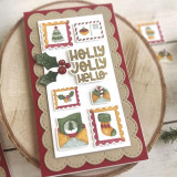 Handmade greeting card with Christmas postage stamps on it with holly jolly hello sentiment on it.