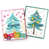 Two handmade greeting cards with Christmas trees on both and holiday sentiments on both.