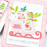 Handmade greeting card with sleigh on it and merry Christmas sentiment and from our family to your sentiment on it.
