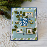Handmade greeting card with Christmas postage stamps on it with holly jolly hello sentiment on it.