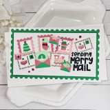 Handmade greeting card with Christmas postage on it and sending merry mail sentiment on it.
