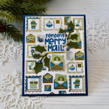 Handmade greeting card with Christmas postage stamps on it with sending merry mail sentiment on it.