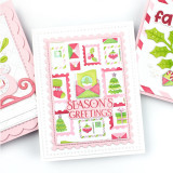 Handmade greeting card with Christmas postage on it and season's greetings sentiment on it.