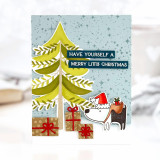 Handmade greeting card with Christmas tree on it with have yourself a merry little Christmas sentiment on it.