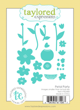 Graphic of Petal Party steel die that cuts out flowers, flower pots, and parts of flowers for papercrafting.