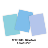 Three images of the cardstock Sprinkles, Gumball, and Cake Pop to show the shade difference of each.