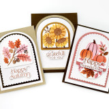 Three handmade greeting cards with falls leaves and pumpkins on them with fall sentiments on each. Three handmade greeting cards with falls leaves and pumpkins on them with fall sentiments on each.