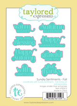 Graphic of Sundry Sentiments - Fall steel die set which includes sentiment cut outs for papercrafting.