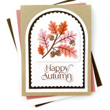 Handmade greeting card with leaves on it and happy autumn sentiment on it.