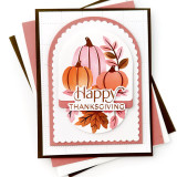 Handmade greeting card with pumpkins on it and happy thanksgiving sentiment on it.