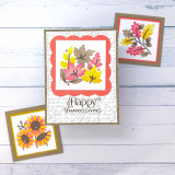 Handmade greeting card with leaves on it and happy thanksgiving sentiment on it.