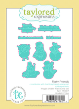 Graphic of Flaky Friends steel die set of snowmen and sentiments used for papercrafting.