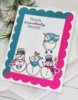 Handmade greeting card with snowmen on it and there's snowbody like you sentiment on it.