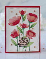Handmade greeting card with flowers on it and hello friend sentiment on it. Handmade greeting card with flowers on it and hello friend sentiment on it.