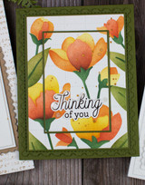 Handmade greeting card with flowers on it and thinking of you sentiment on it. Handmade greeting card with flowers on it and thinking of you sentiment on it.