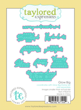 Graphic of Glow Big steel die set that coordinates with the stamps with nail polish sentiments for papercrafting.