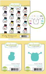 Graphic of Frosty's Head Die and Body Die along with the Frosty Background Cling and Clear Stamp Combo for papercrafting.