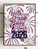 Handmade greeting card with fireworks on it and happy new year 2026 sentiment on it.