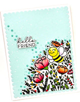 Handmade greeting card with flowers and bee on it with hello friend sentiment on it.