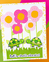 Handmade greeting card with two turtles on it and let's shell-ebrate sentiment on it.