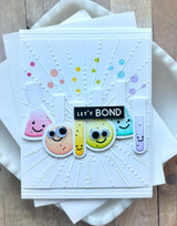 Handmade greeting card with colorful chemistry bottles on it and let's bond sentiment on it.