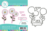 Graphic of Delicate Daisy Rubber Stamp and Die Combo that includes flowers and sentiments with it.