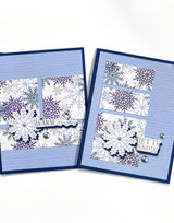 Two handmade greeting cards with snow flakes on each of them with one having warm wishes sentiment on it and the other having let it snow sentiment on it.