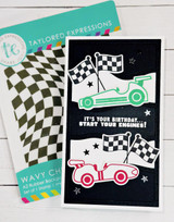 Handmade greeting card with race cars on it and it's your birthday... start your engines sentiment on it with wavy checkers in the background.