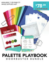 Graphic of Palette Playbook Doorbuster Bundle which includes cardstock, palette playbooks, balloon stencils, birthday dies and stamp. Available while supplies last.