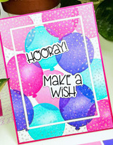 Handmade greeting card with balloons on it and hooray! and make a wish sentiment on it.