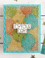 Handmade greeting card with balloons on it and it's your day sentiment on it.