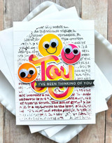 Handmade greeting card with joy sentiment on it and I've been thinking of you sentiment on it.