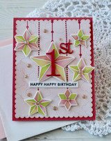 Handmade greeting card with stars on it and happy happy 1st birthday sentiment on it.
